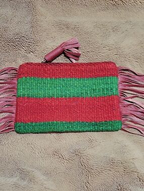 Sarah Sharp Handwoven Red & Green Fringe Women's Clutch